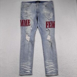 Homme Femme Jeans Mens 36 Distressed Spell Out Logo Tapered Streetwear